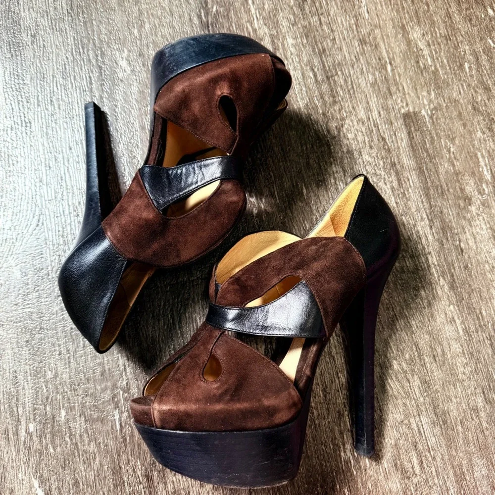 Fendi Platform Heels Womens 36.5 Brown Suede Black Leather Peep Toe Cutout Italy